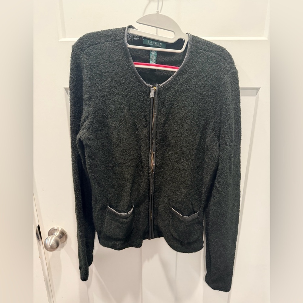 Lauren Ralph Lauren Black Bouclé Zip Front Jacket Cardigan Women’s Large
